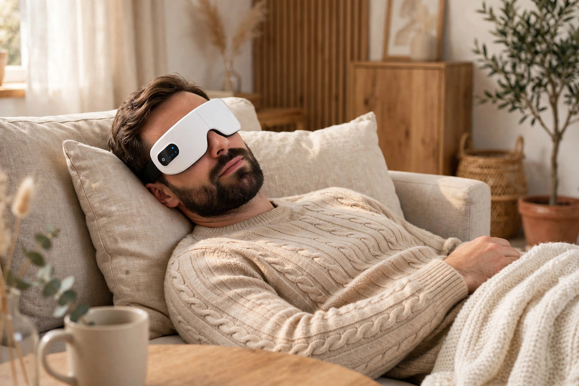 Femme utilisant le masque ELYS pour se détendre après une journée d'écran
