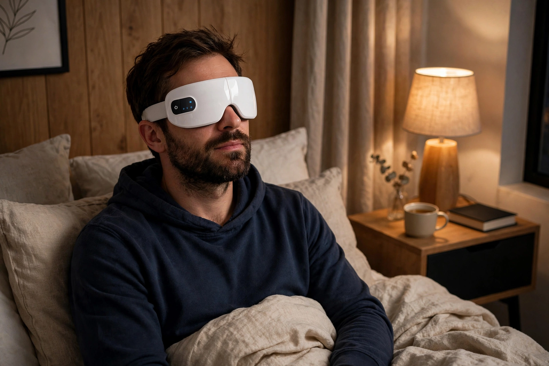 Masque de relaxation oculaire ELYS posé sur les yeux — confort et chaleur